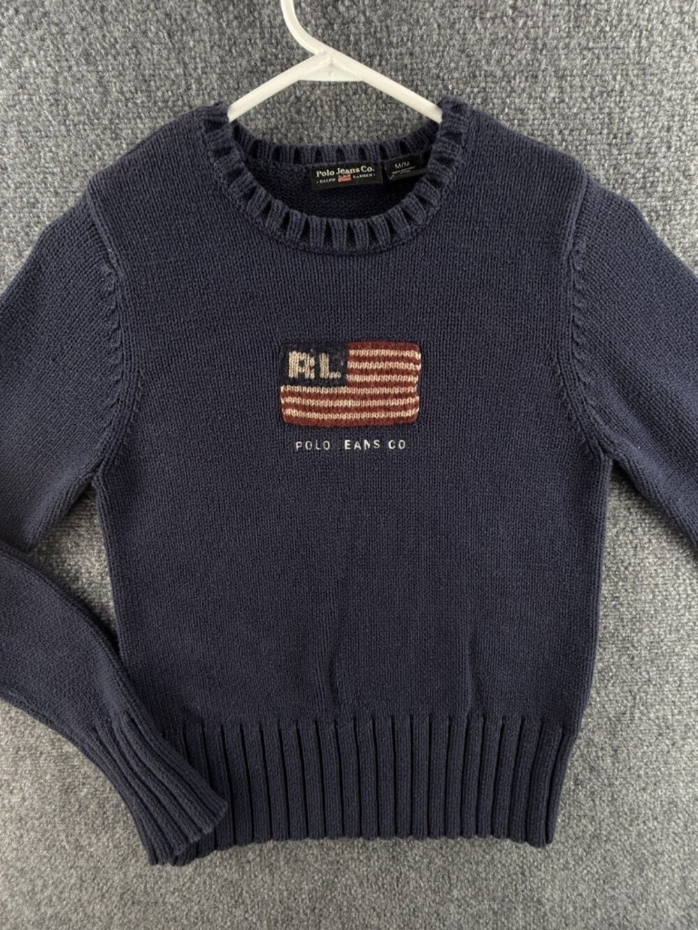 Ralph Lauren Polo Jeans Women Flag Sweater Navy Blue Knit Medium Cotton Crew